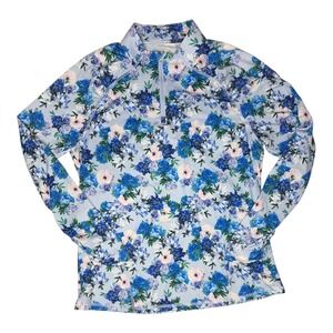 G/FORE Womens Blue Floral Quarter Zip Golf Pullover Long Sleeve Mock Neck Large